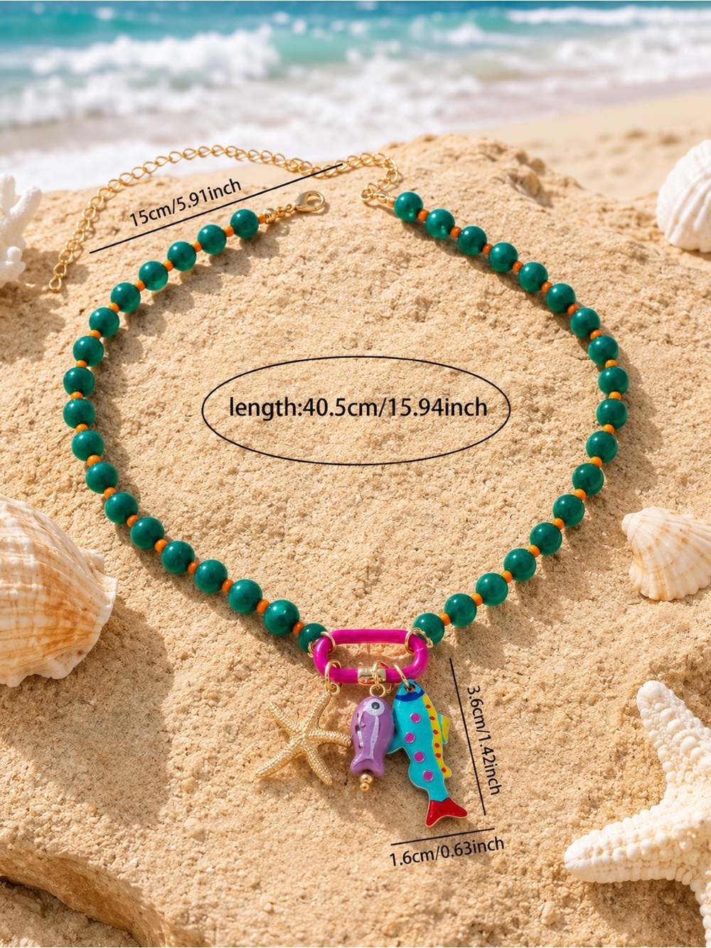 Coastal Fish Charm Necklace Green Beaded Beach Jewelry - Picture 4 of 5